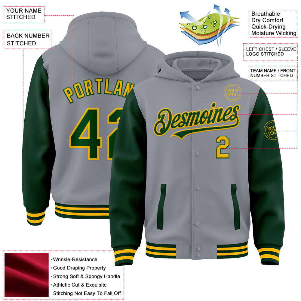 Custom Gray Green-Gold Bomber Full-Snap Varsity Letterman Two Tone Hoodie Jacket