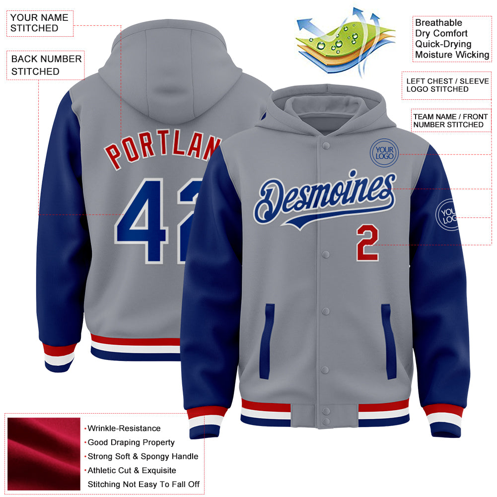 Custom Gray Royal-Red Bomber Full-Snap Varsity Letterman Two Tone Hoodie Jacket