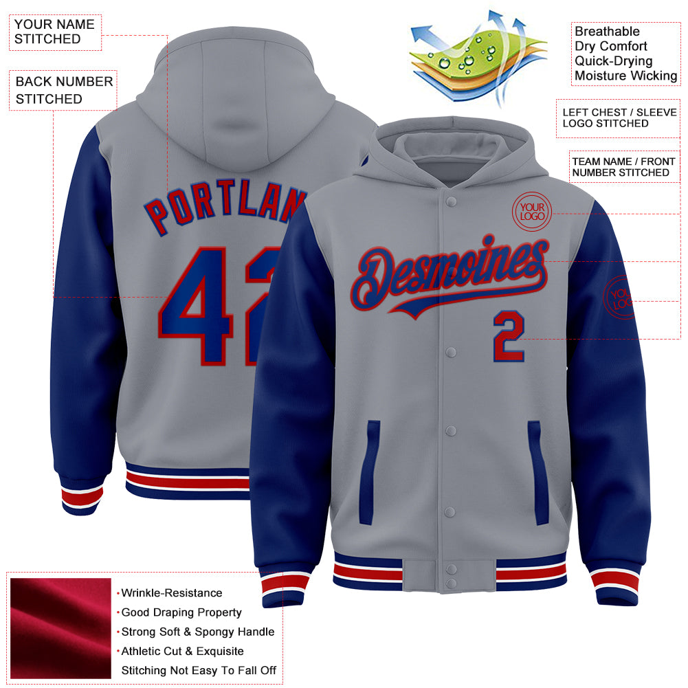 Custom Gray Royal-Red Bomber Full-Snap Varsity Letterman Two Tone Hoodie Jacket