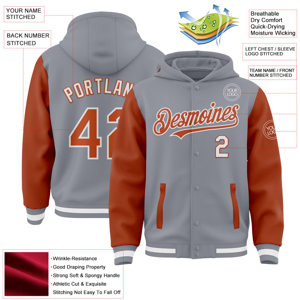 Custom Gray Texas Orange-White Bomber Full-Snap Varsity Letterman Two Tone Hoodie Jacket