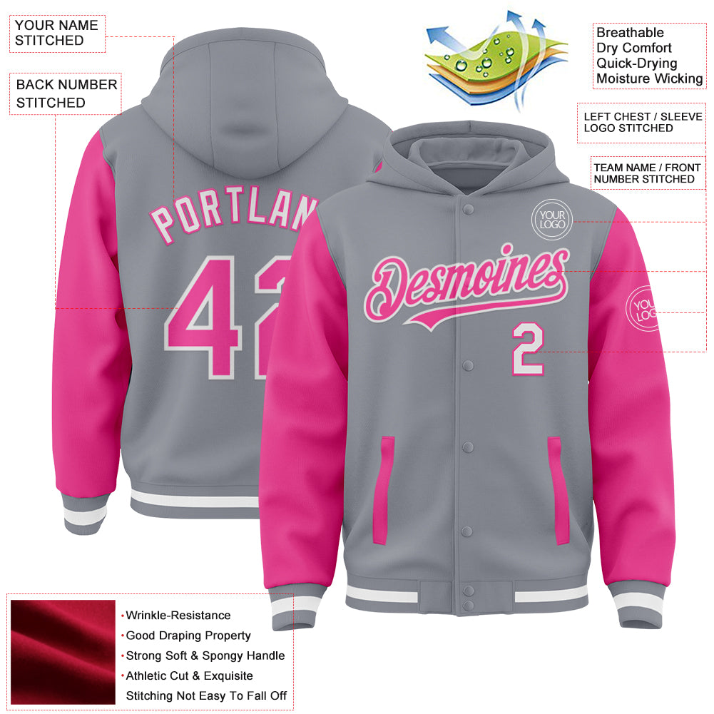 Custom Gray Pink-White Bomber Full-Snap Varsity Letterman Two Tone Hoodie Jacket