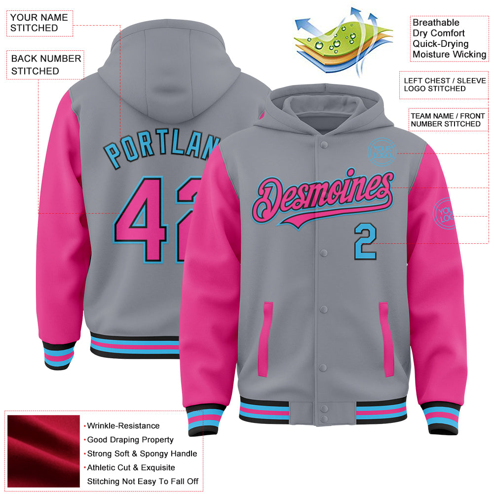 Custom Gray Pink Black-Sky Blue Bomber Full-Snap Varsity Letterman Two Tone Hoodie Jacket