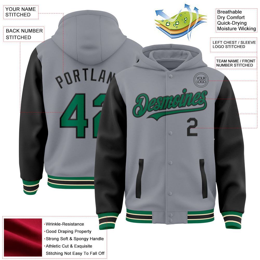 Custom Gray Kelly Green Black-Cream Bomber Full-Snap Varsity Letterman Two Tone Hoodie Jacket