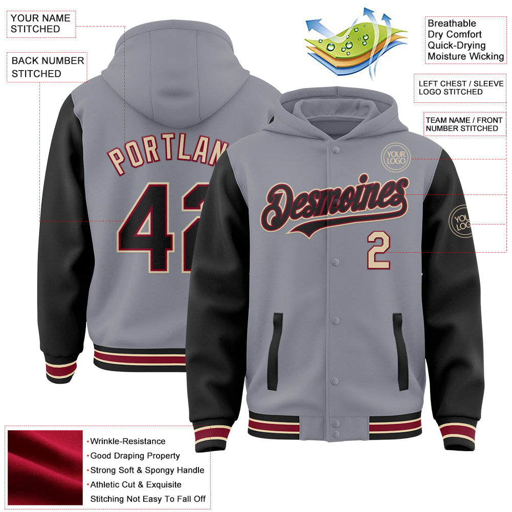 Custom Gray Black Crimson-City Cream Bomber Full-Snap Varsity Letterman Two Tone Hoodie Jacket