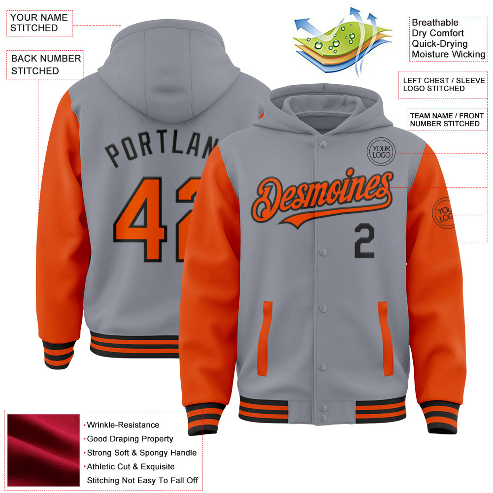 Custom Gray Orange-Black Bomber Full-Snap Varsity Letterman Two Tone Hoodie Jacket