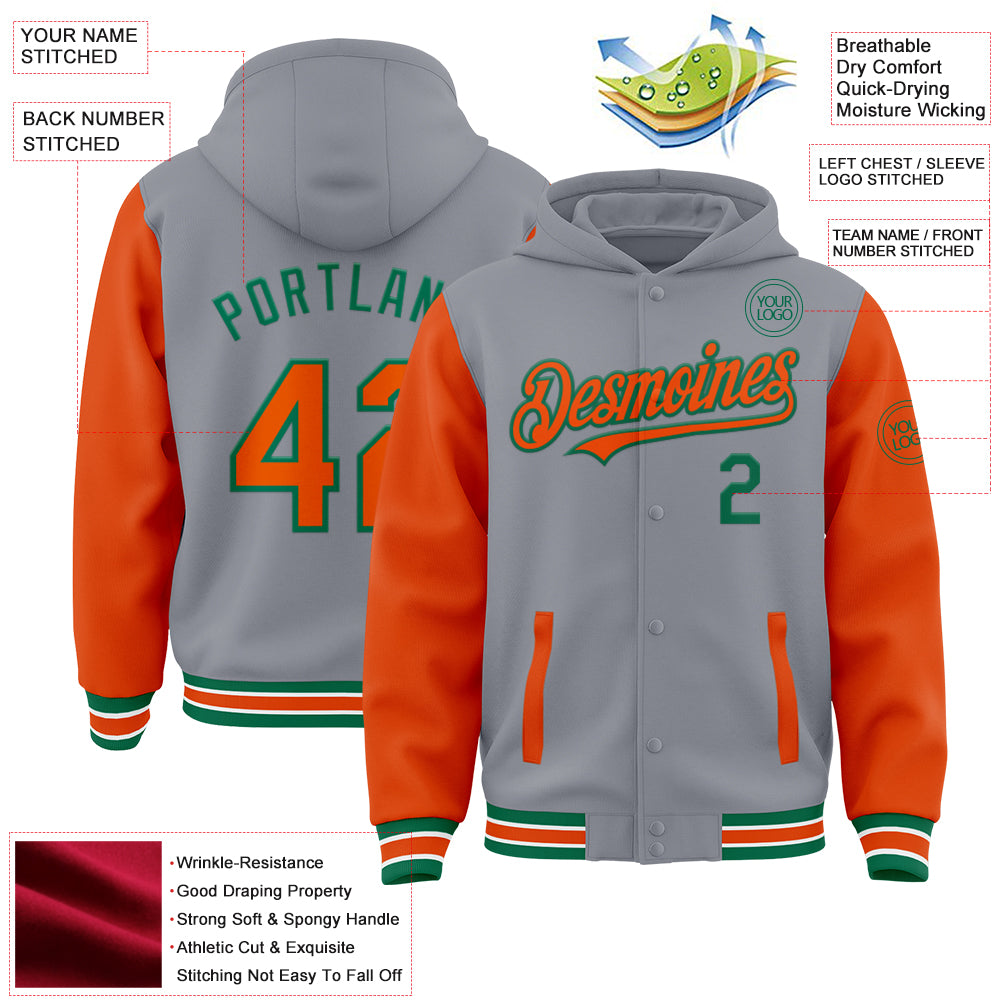 Custom Gray Orange-Kelly Green Bomber Full-Snap Varsity Letterman Two Tone Hoodie Jacket