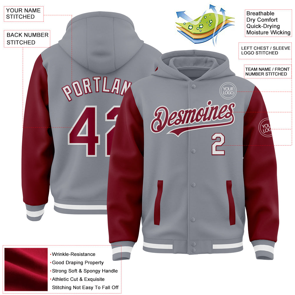 Custom Gray Crimson-White Bomber Full-Snap Varsity Letterman Two Tone Hoodie Jacket