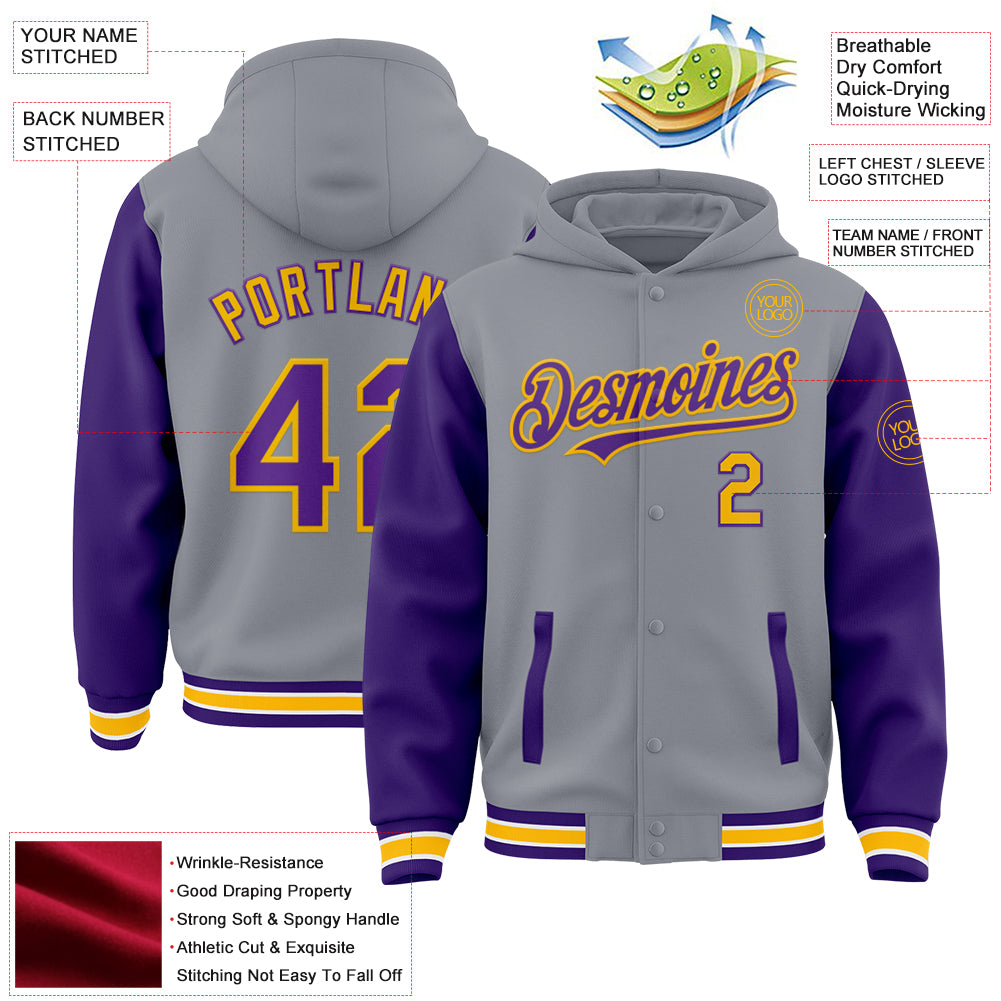 Custom Gray Purple-Gold Bomber Full-Snap Varsity Letterman Two Tone Hoodie Jacket