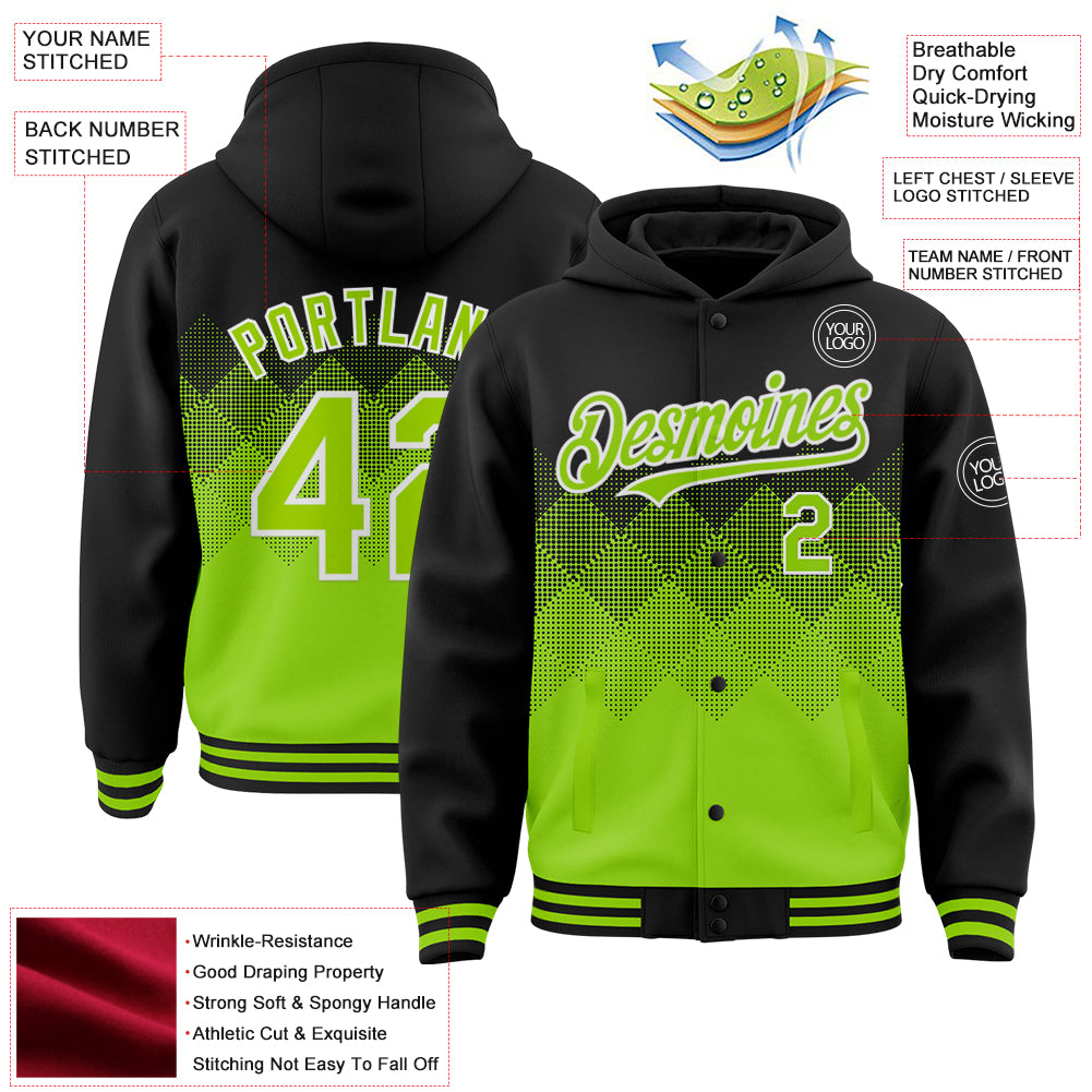 Custom Black Neon Green-White Gradient Square Shape 3D Pattern Design Bomber Full-Snap Varsity Letterman Hoodie Jacket