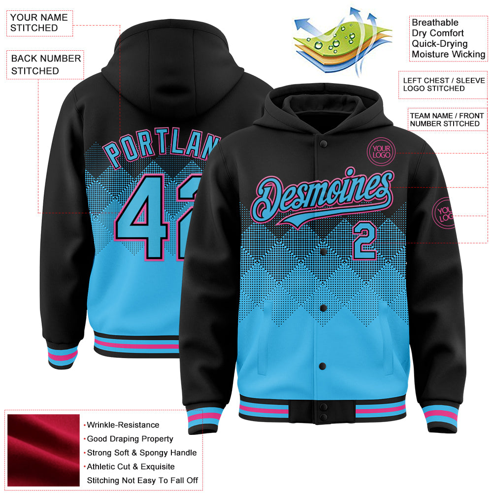 Custom Black Sky Blue-Pink Gradient Square Shape 3D Pattern Design Bomber Full-Snap Varsity Letterman Hoodie Jacket