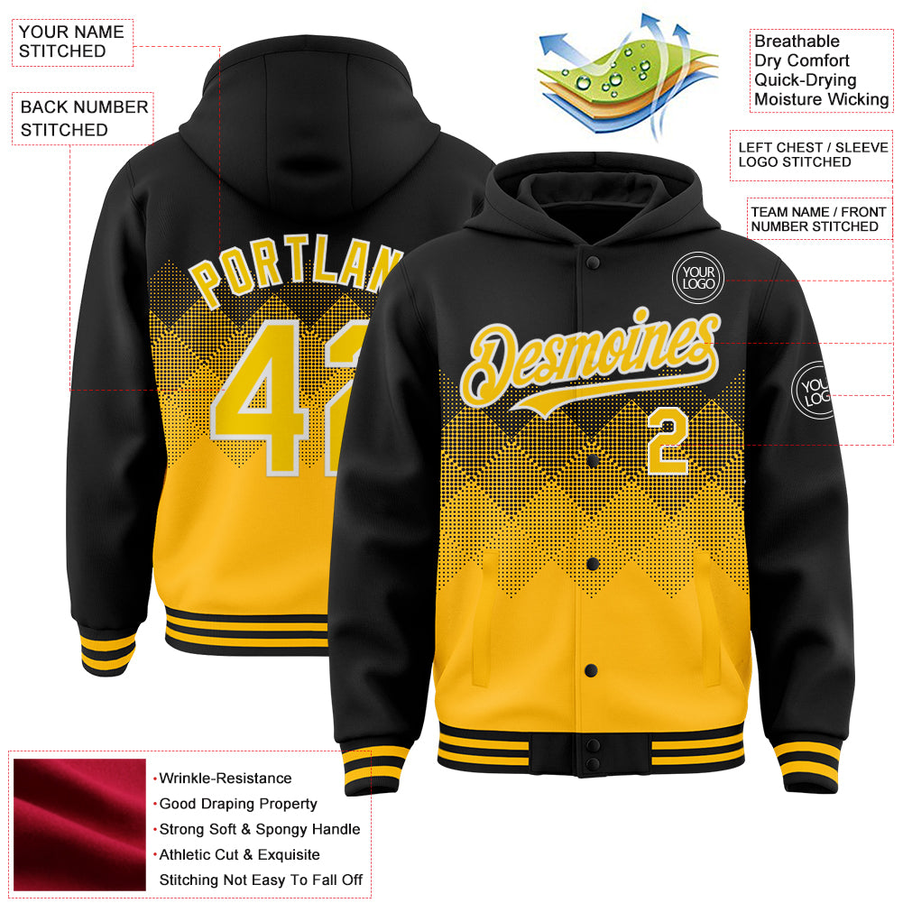 Custom Black Gold-White Gradient Square Shape 3D Pattern Design Bomber Full-Snap Varsity Letterman Hoodie Jacket