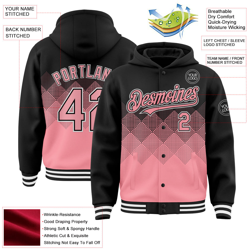 Custom Black Medium Pink-White Gradient Square Shape 3D Pattern Design Bomber Full-Snap Varsity Letterman Hoodie Jacket