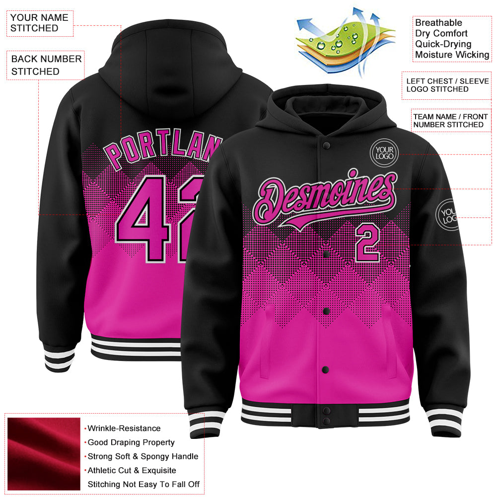 Custom Black Deep Pink-White Gradient Square Shape 3D Pattern Design Bomber Full-Snap Varsity Letterman Hoodie Jacket