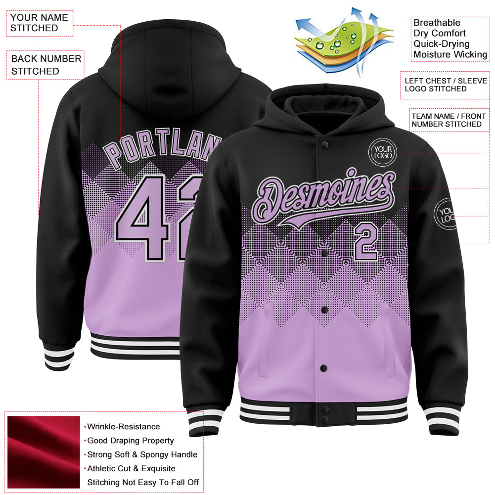 Custom Black Light Purple-White Gradient Square Shape 3D Pattern Design Bomber Full-Snap Varsity Letterman Hoodie Jacket