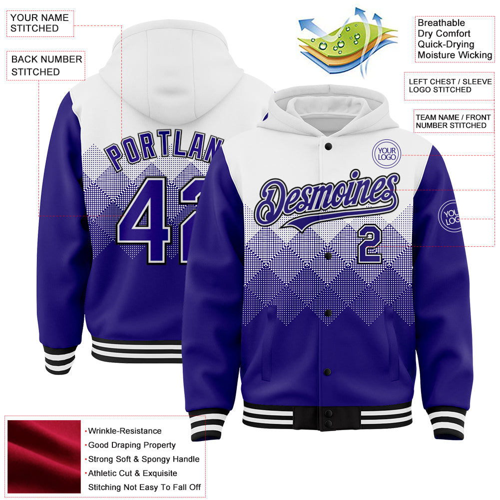 Custom White Dark Purple-Black Gradient Square Shape 3D Pattern Design Bomber Full-Snap Varsity Letterman Hoodie Jacket