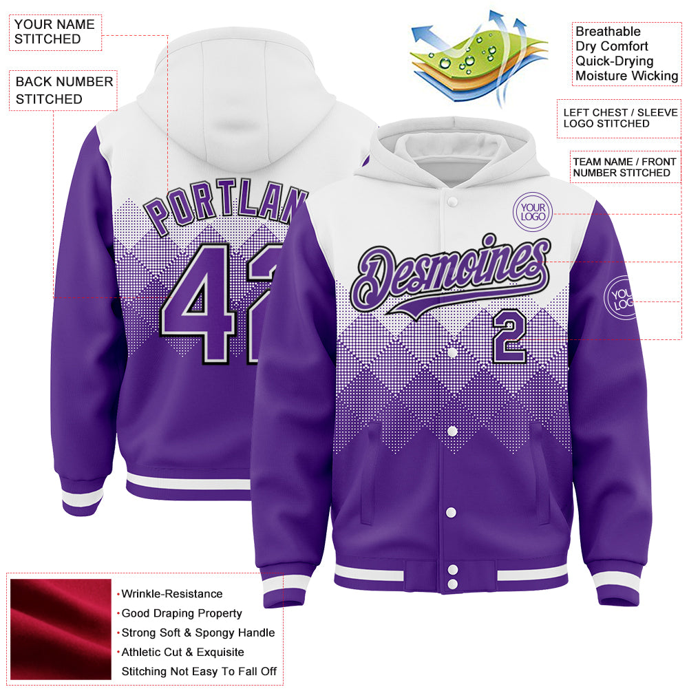 Custom White Purple-Black Gradient Square Shape 3D Pattern Design Bomber Full-Snap Varsity Letterman Hoodie Jacket