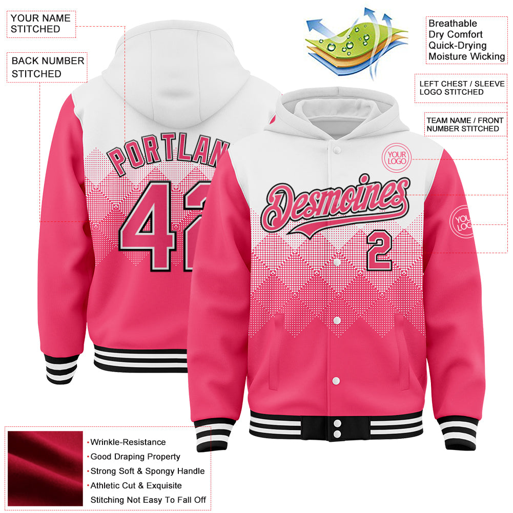 Custom White Neon Pink-Black Gradient Square Shape 3D Pattern Design Bomber Full-Snap Varsity Letterman Hoodie Jacket