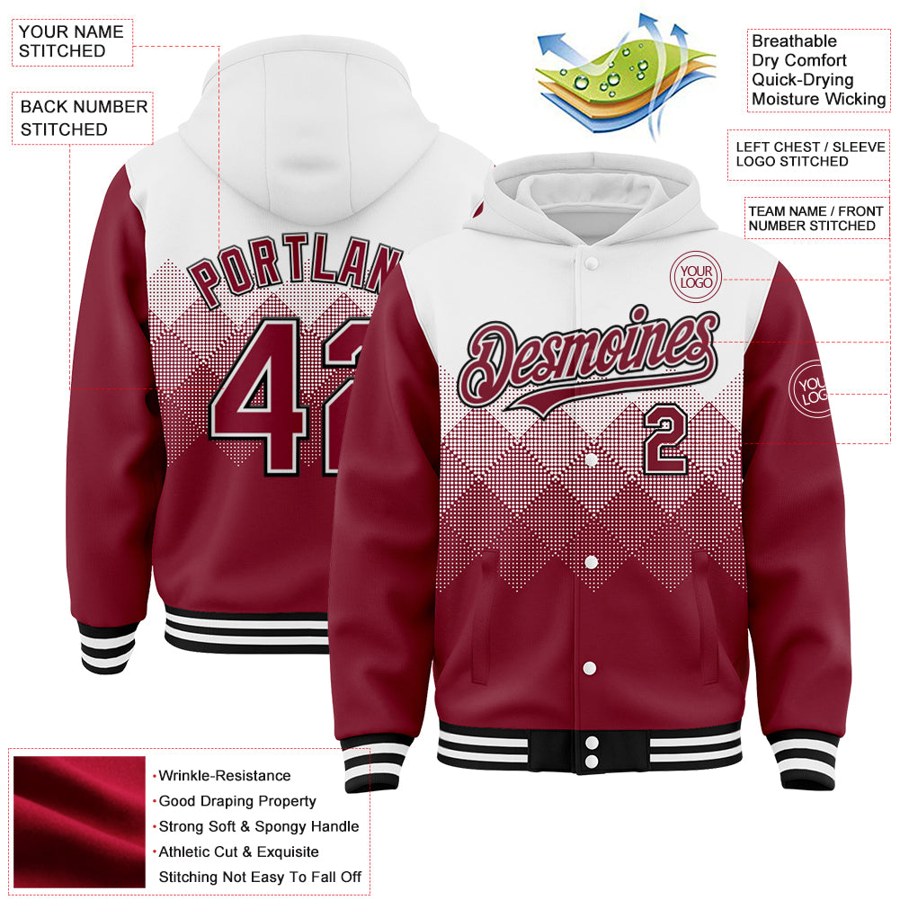 Custom White Crimson-Black Gradient Square Shape 3D Pattern Design Bomber Full-Snap Varsity Letterman Hoodie Jacket