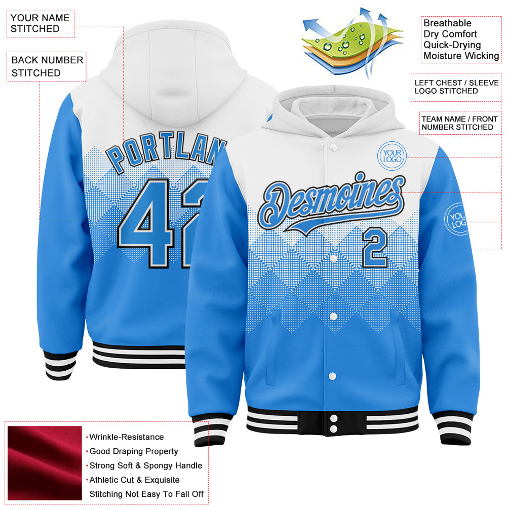 Custom White Powder Blue-Black Gradient Square Shape 3D Pattern Design Bomber Full-Snap Varsity Letterman Hoodie Jacket