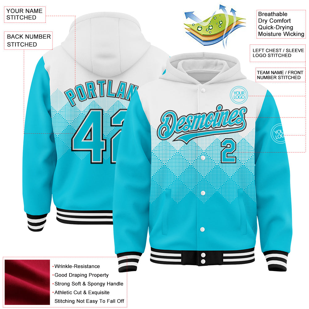 Custom White Lakes Blue-Black Gradient Square Shape 3D Pattern Design Bomber Full-Snap Varsity Letterman Hoodie Jacket