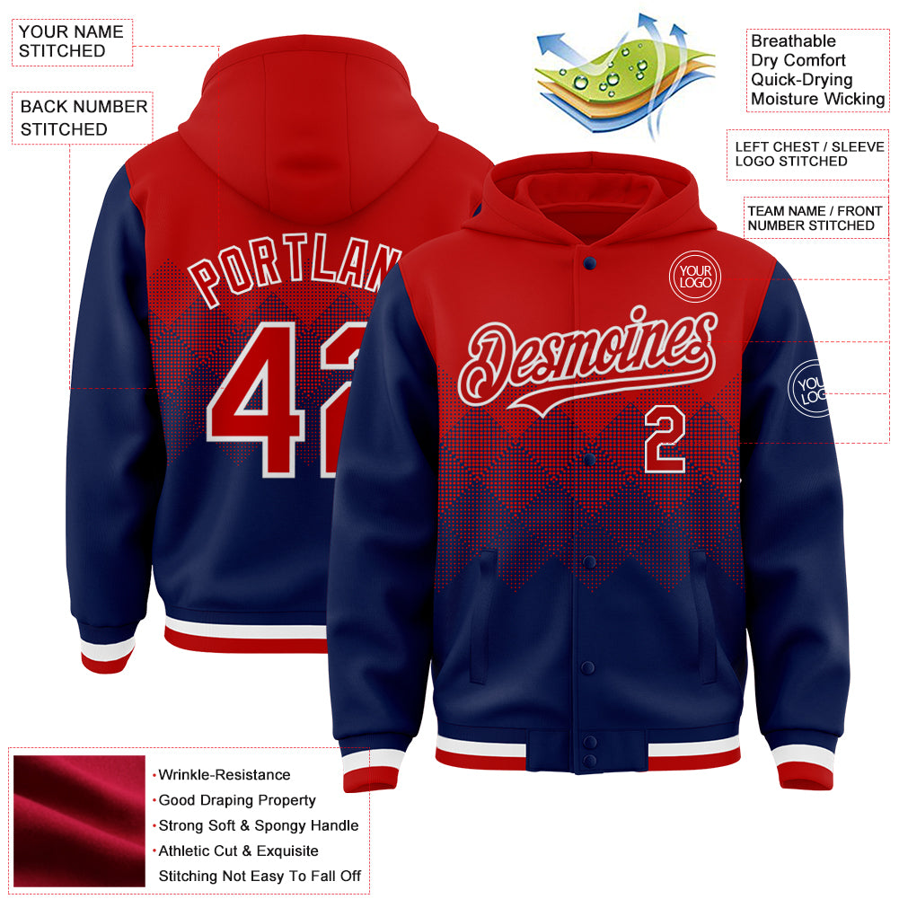 Custom Red Navy-White Gradient Square Shape 3D Pattern Design Bomber Full-Snap Varsity Letterman Hoodie Jacket