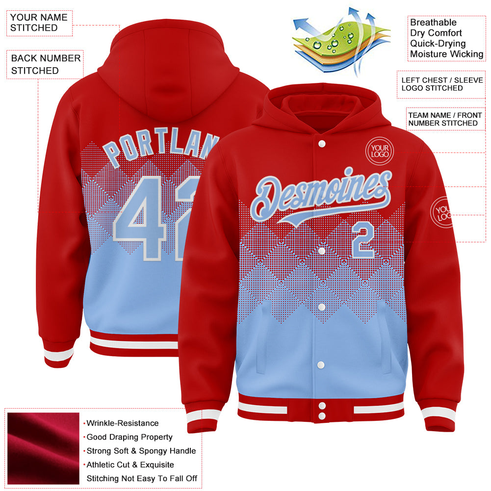 Custom Red Light Blue-White Gradient Square Shape 3D Pattern Design Bomber Full-Snap Varsity Letterman Hoodie Jacket