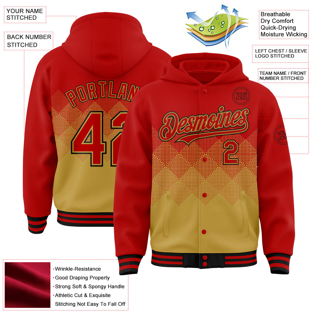 Custom Red Old Gold-Black Gradient Square Shape 3D Pattern Design Bomber Full-Snap Varsity Letterman Hoodie Jacket