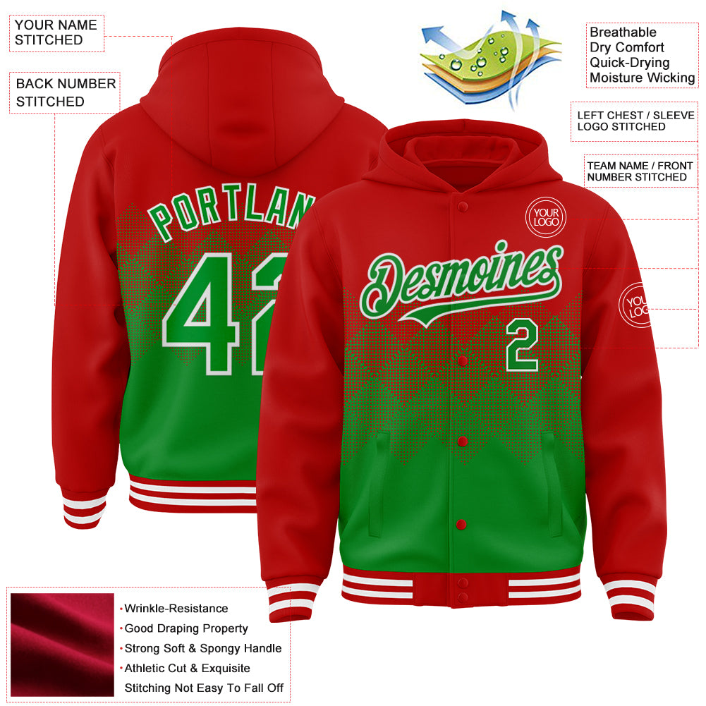 Custom Red Grass Green-White Gradient Square Shape 3D Pattern Design Bomber Full-Snap Varsity Letterman Hoodie Jacket