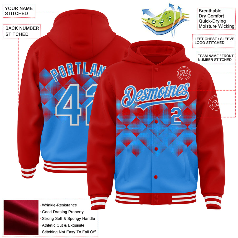 Custom Red Powder Blue-White Gradient Square Shape 3D Pattern Design Bomber Full-Snap Varsity Letterman Hoodie Jacket