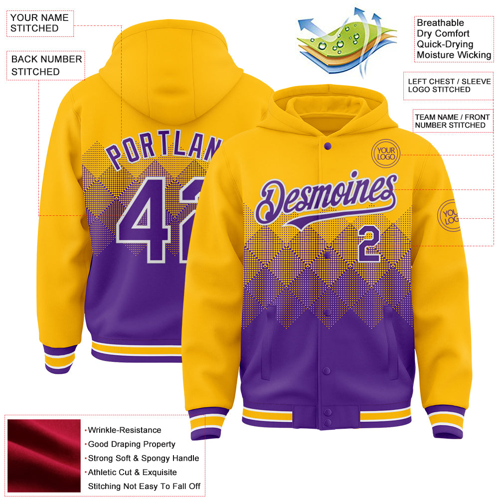 Custom Gold Purple-White Gradient Square Shape 3D Pattern Design Bomber Full-Snap Varsity Letterman Hoodie Jacket