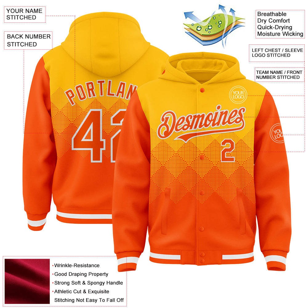 Custom Gold Orange-White Gradient Square Shape 3D Pattern Design Bomber Full-Snap Varsity Letterman Hoodie Jacket