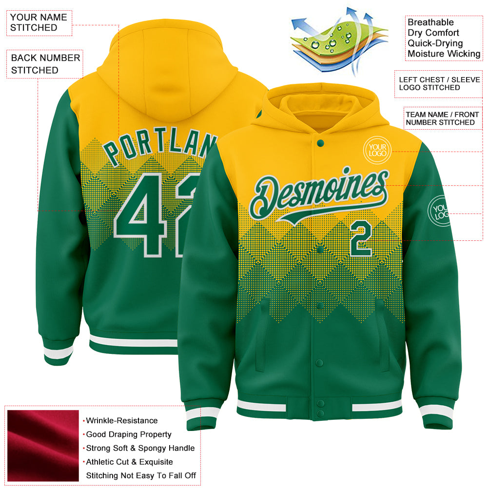 Custom Gold Kelly Green-White Gradient Square Shape 3D Pattern Design Bomber Full-Snap Varsity Letterman Hoodie Jacket