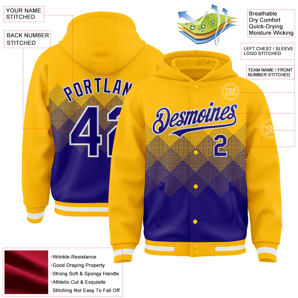 Custom Gold Dark Purple-White Gradient Square Shape 3D Pattern Design Bomber Full-Snap Varsity Letterman Hoodie Jacket