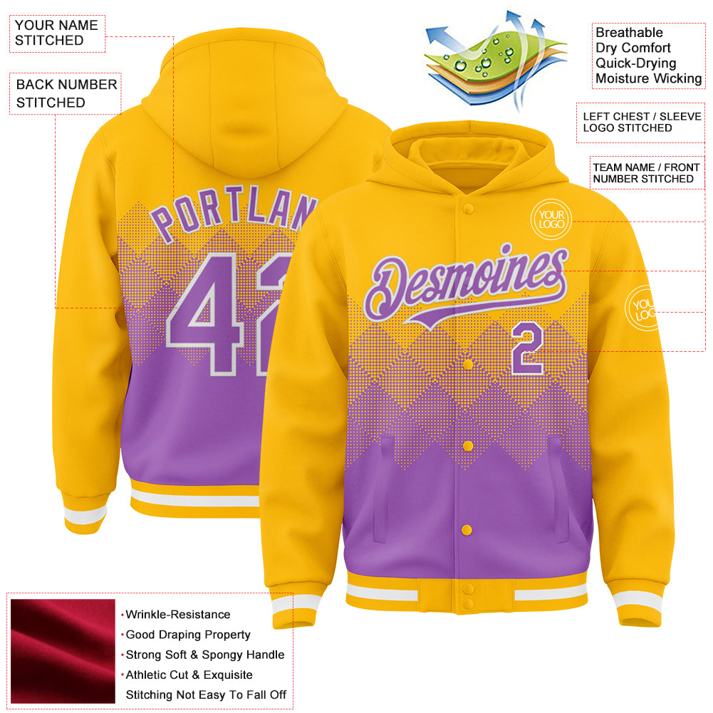 Custom Gold Medium Purple-White Gradient Square Shape 3D Pattern Design Bomber Full-Snap Varsity Letterman Hoodie Jacket