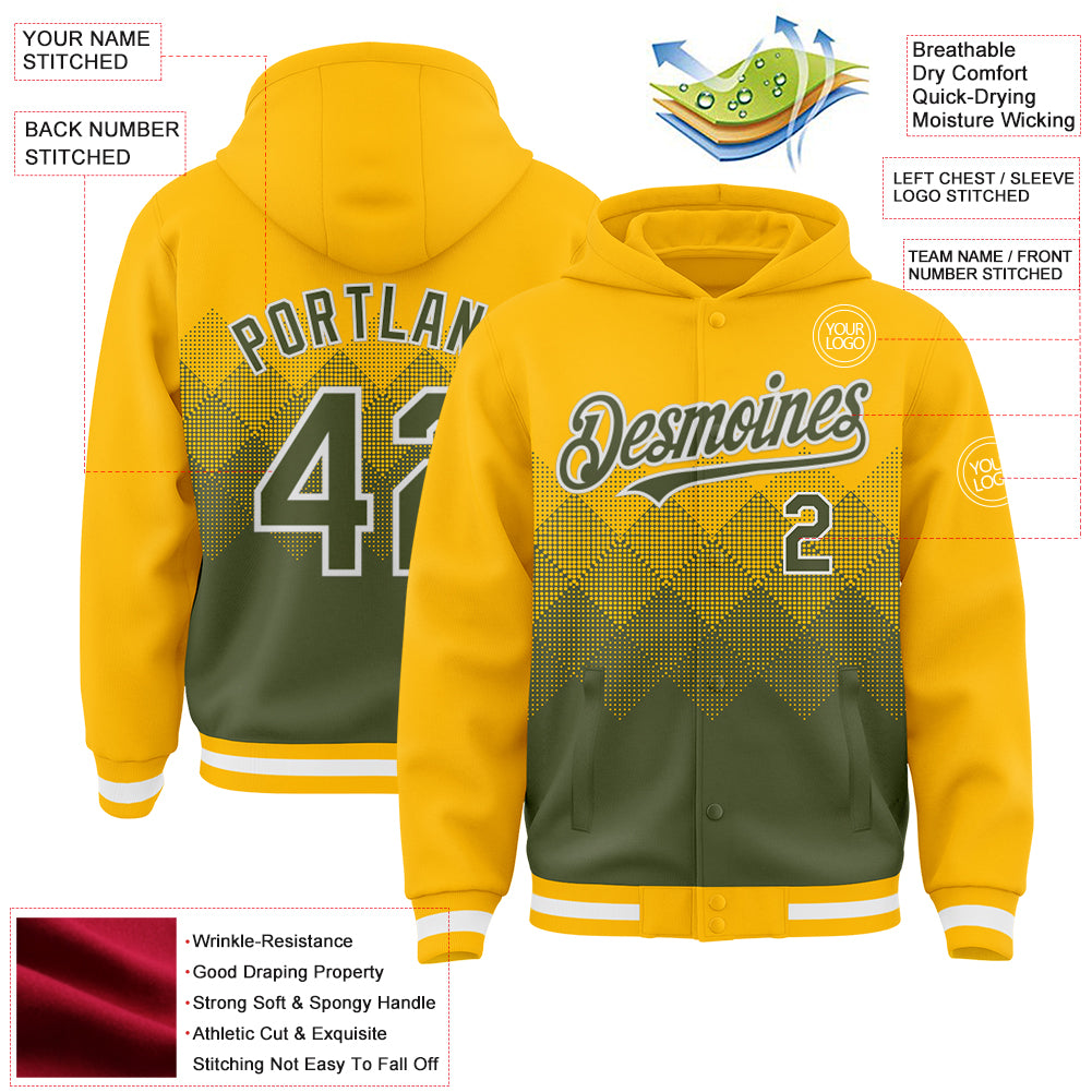 Custom Gold Olive-White Gradient Square Shape 3D Pattern Design Bomber Full-Snap Varsity Letterman Hoodie Jacket