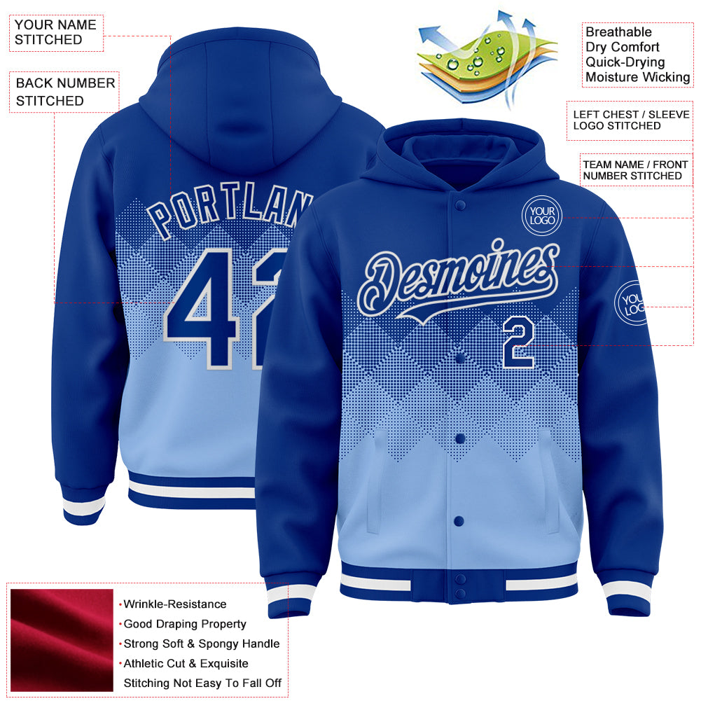 Custom Royal Light Blue-White Gradient Square Shape 3D Pattern Design Bomber Full-Snap Varsity Letterman Hoodie Jacket