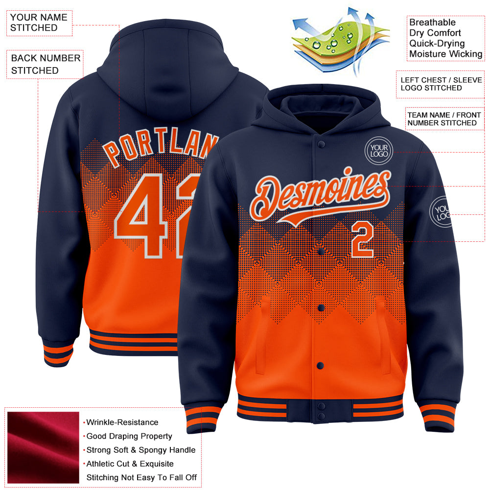 Custom Navy Orange-White Gradient Square Shape 3D Pattern Design Bomber Full-Snap Varsity Letterman Hoodie Jacket