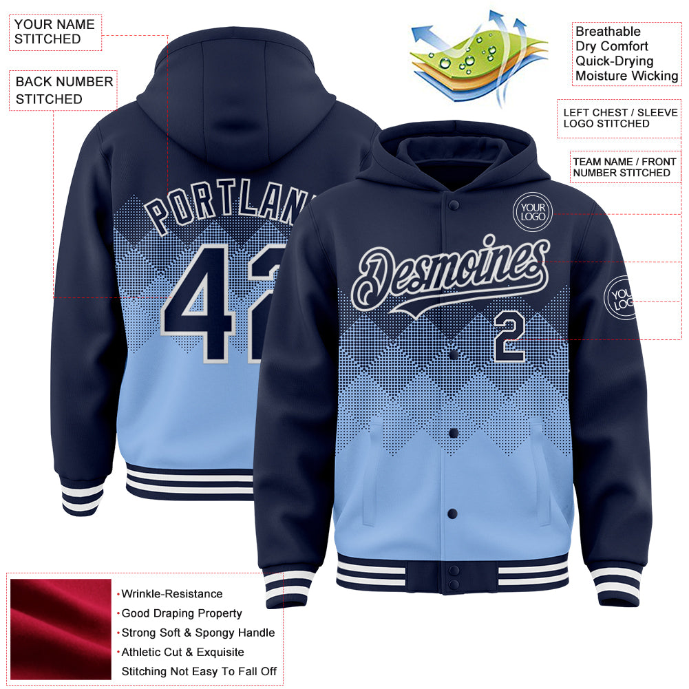 Custom Navy Light Blue-White Gradient Square Shape 3D Pattern Design Bomber Full-Snap Varsity Letterman Hoodie Jacket