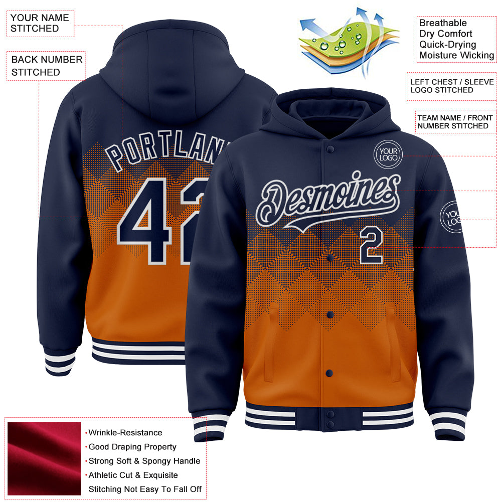 Custom Navy Texas Orange-White Gradient Square Shape 3D Pattern Design Bomber Full-Snap Varsity Letterman Hoodie Jacket