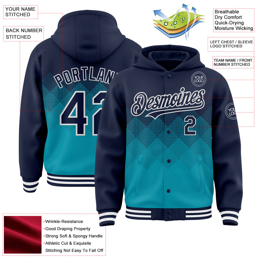 Custom Navy Teal-White Gradient Square Shape 3D Pattern Design Bomber Full-Snap Varsity Letterman Hoodie Jacket