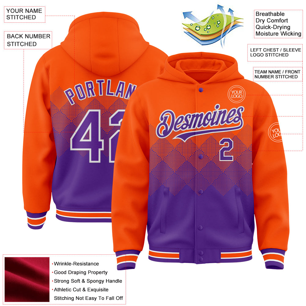 Custom Orange Purple-White Gradient Square Shape 3D Pattern Design Bomber Full-Snap Varsity Letterman Hoodie Jacket