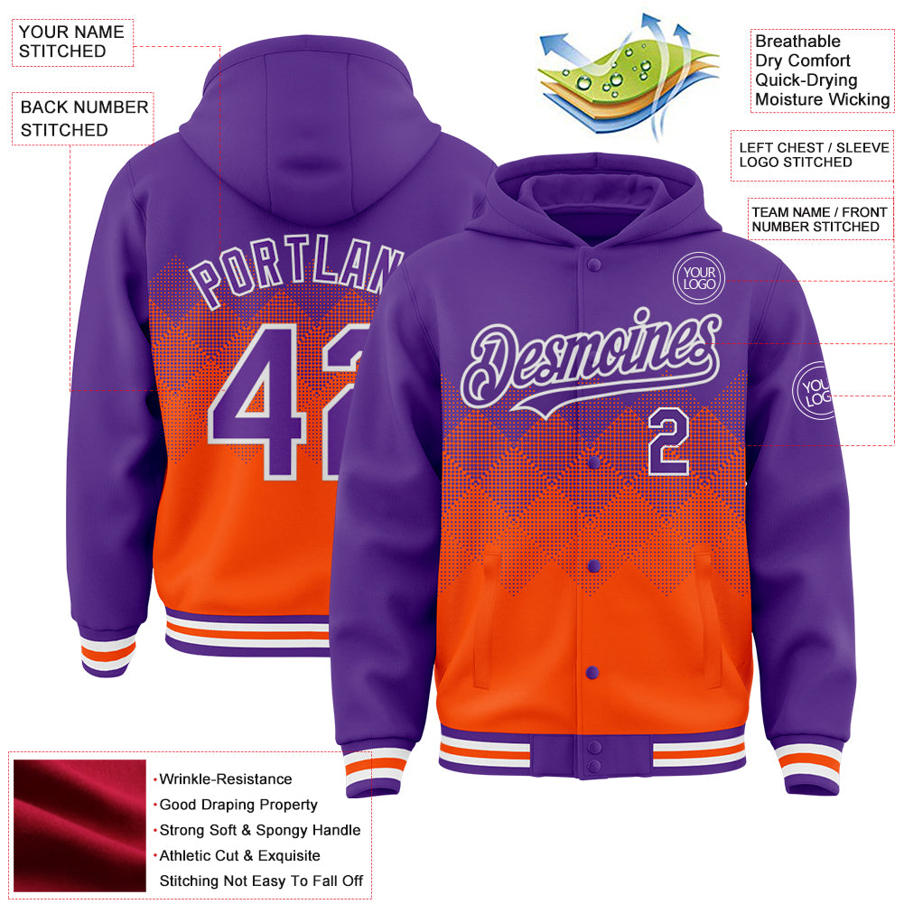 Custom Purple Orange-White Gradient Square Shape 3D Pattern Design Bomber Full-Snap Varsity Letterman Hoodie Jacket