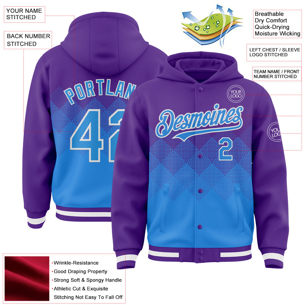 Custom Purple Powder Blue-White Gradient Square Shape 3D Pattern Design Bomber Full-Snap Varsity Letterman Hoodie Jacket