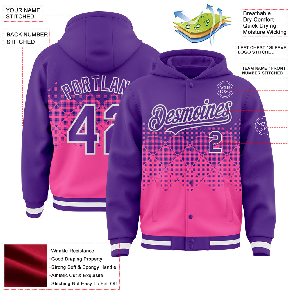 Custom Purple Pink-White Gradient Square Shape 3D Pattern Design Bomber Full-Snap Varsity Letterman Hoodie Jacket