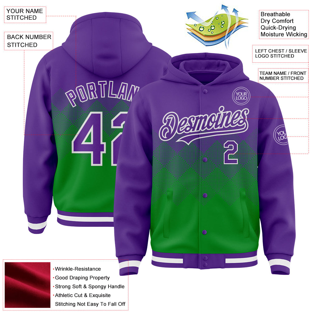 Custom Purple Grass Green-White Gradient Square Shape 3D Pattern Design Bomber Full-Snap Varsity Letterman Hoodie Jacket