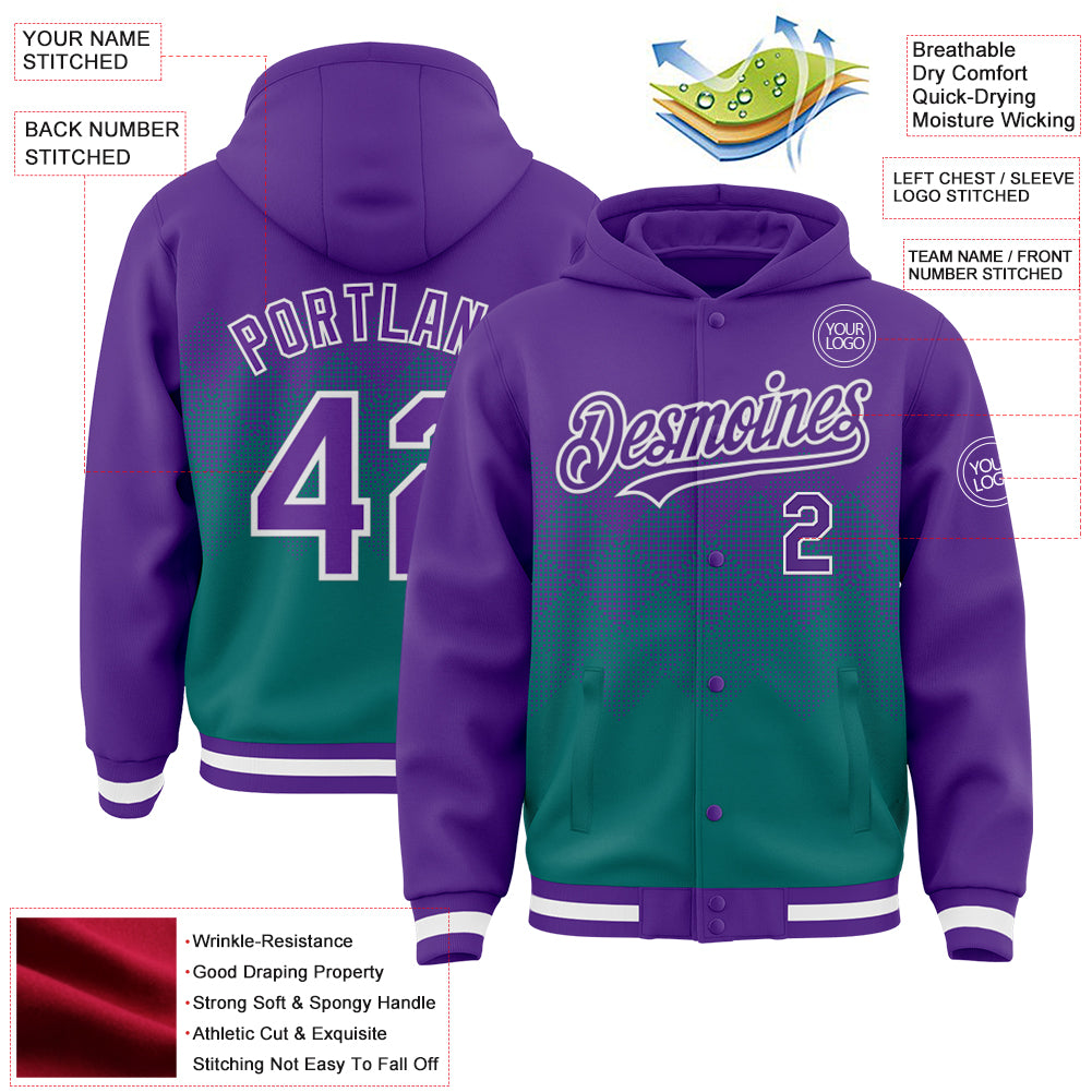 Custom Purple Teal-White Gradient Square Shape 3D Pattern Design Bomber Full-Snap Varsity Letterman Hoodie Jacket