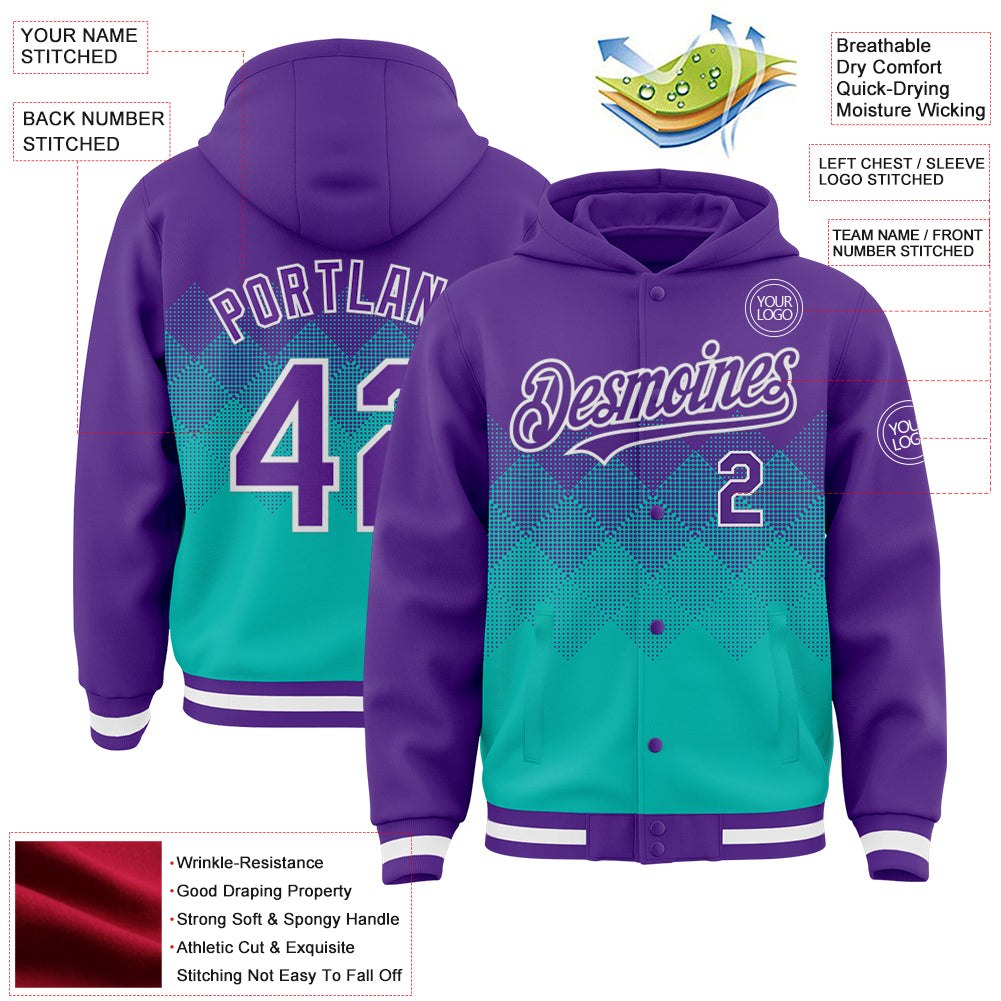 Custom Purple Aqua-White Gradient Square Shape 3D Pattern Design Bomber Full-Snap Varsity Letterman Hoodie Jacket