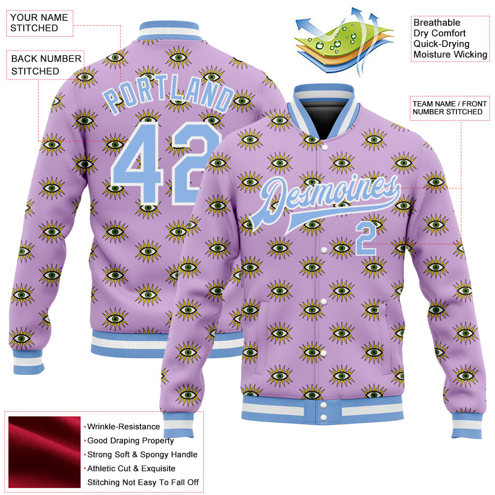 Custom Light Purple Light Blue-White Evil Eyes 3D Pattern Design Bomber Full-Snap Varsity Letterman Jacket