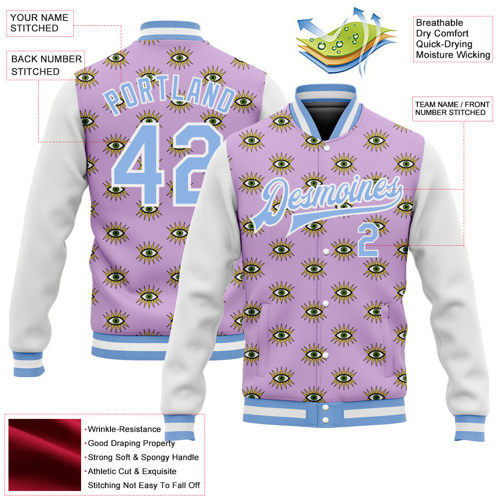 Custom Light Purple Light Blue-White Evil Eyes 3D Pattern Design Bomber Full-Snap Varsity Letterman Jacket