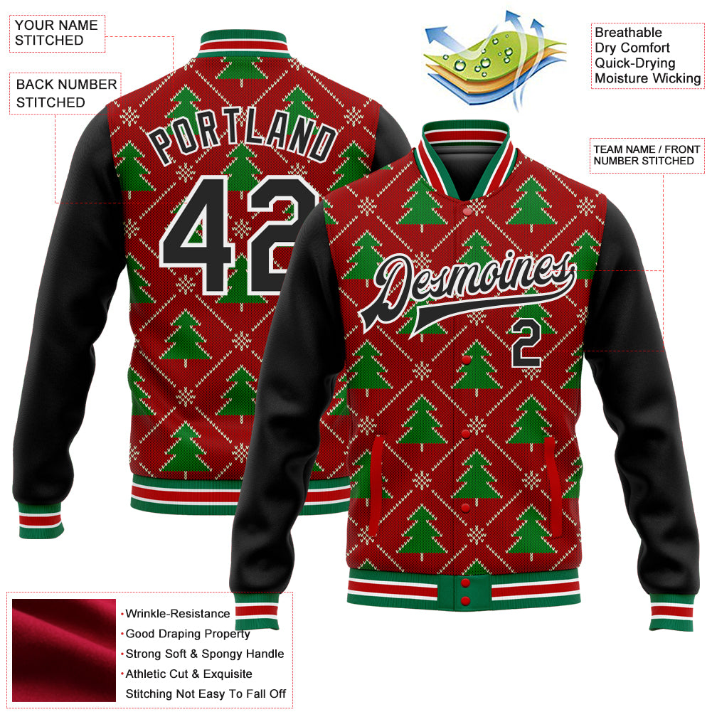 Custom Red Black-Kelly Green Christmas 3D Bomber Full-Snap Varsity Letterman Jacket